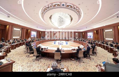 New Delhi, Inde. 09 septembre 2023. Le Premier ministre indien Narendra Modi prononce une allocution lors de la séance d'ouverture du Sommet du G20 au centre de congrès de Bharat Mandapam, le 9 septembre 2023 à New Delhi, en Inde. Crédit : PIB/Press information Bureau/Alamy Live News Banque D'Images