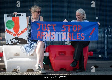 Londres, Royaume-Uni. 9 septembre 2023. Les militants anti-guerre protestent et tentent de bloquer l'exposition d'armes DSEI (Defence & Security Equipment International) qui doit ouvrir au centre Excel la semaine prochaine. Le salon, l'un des plus grands au monde, s'ouvre du 12 au 15 septembre et, disent les activistes, attire des clients de régimes répressifs qui cherchent à acheter tout, des équipements de surveillance aux navires de guerre. Crédit : Ron Fassbender/Alamy Live News Banque D'Images