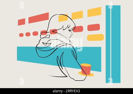 Dessin minimaliste d'une femme près de la fenêtre du café avec vue sur la ville du soir, ligne continue Illustration de Vecteur