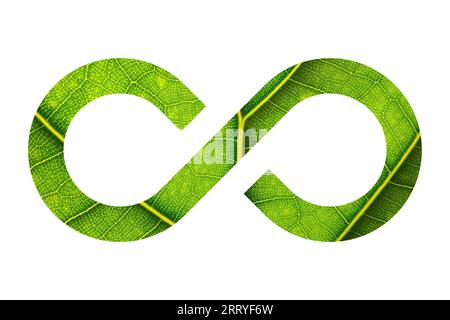 Feuille verte, nuage, symbole d'infini d'herbe sur fond blanc, conservation de l'environnement et énergie propre, rendu 3D. Banque D'Images