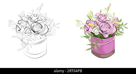 Bouquet de fleurs livre de coloriage ou page de coloriage pour les enfants. Illustration de dessin animé clipart versions monochrome et couleur. Anti-contrainte d'esquisse à main levée Banque D'Images