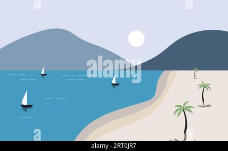 Temps de plaisir d'été détendez-vous paysage de bateau de montagne d'arbre de plage voyage dans la mer Illustration de Vecteur