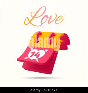 calendrier rose 3d, icône de saint-valentin du 14 février isolé sur fond blanc. Concept de bannière d'amour. Illustration vectorielle 3D. Illustration vectorielle Illustration de Vecteur