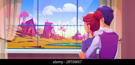 Couple regardant la fenêtre de la maison sur le paysage du village. Vue sur la nature de campagne de la maison à regarder pour l'homme et la femme tout en câlin. Belle banlieue Settlem Illustration de Vecteur