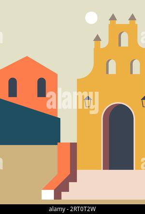 Paysage urbain de la ville européenne avec des sites historiques et l'architecture du passé. Église ou château avec escaliers et lanternes, horizon de la zone urbaine, vieux monu Illustration de Vecteur