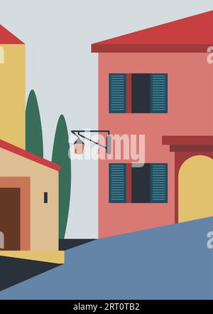 Architecture de ville espagnole ou italienne, façade ou extérieur des maisons et du bâtiment. Rue avec construction, fenêtres et lanterne. Visites touristiques an Illustration de Vecteur
