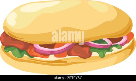 Restauration rapide, sandwich isolé avec viande et légumes, tranches d'oignon et feuilles de salade. En-cas savoureux isolé, à emporter dans un restaurant ou un café. Délicieux Illustration de Vecteur