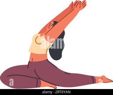 pose de pigeon sur une jambe, asanas de yoga et poses. Personnage féminin faisant eka pada raja kapotasana, étirant et travaillant. Fille en tenue de costume de sport Illustration de Vecteur