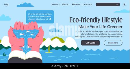 Rendez votre vie plus verte avec un style de vie et des habitudes écologiques. Obtenez des informations sur le processus de recyclage et les moyens d'améliorer l'environnement. Lancement du site Web Illustration de Vecteur