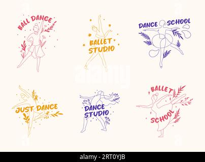 Ensemble d'étiquettes autocollantes pour l'identité du studio de ballet. Collection de conception d'étiquette avec la danse de personnage de femme de ligne, illustration vectorielle. Publicité pour studio de danse avec Illustration de Vecteur