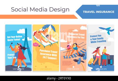 Ensemble de conception d'histoire de page Web avec assurance voyage. Collection de médias sociaux avec service d'assurance, illustration vectorielle. Flat homme femme personnage get sup Illustration de Vecteur