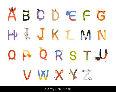 Conception de l'alphabet de police avec le concept d'animaux colorés Illustration de Vecteur