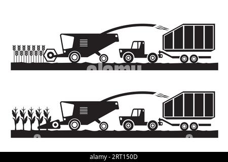 Moissonneuse-batteuse et tracteur dans les champs de blé et de maïs - illustration vectorielle Illustration de Vecteur