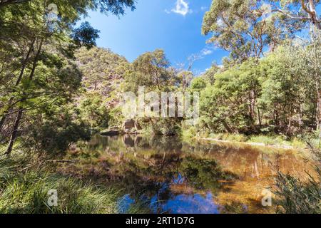 Cadre idyllique autour de Lerderderg gorge circuit Walk par une chaude journée d'automne dans l'ouest de Melbourne à Victoria, Australie Banque D'Images