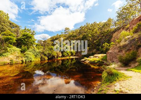 Cadre idyllique autour de Lerderderg gorge circuit Walk par une chaude journée d'automne dans l'ouest de Melbourne à Victoria, Australie Banque D'Images