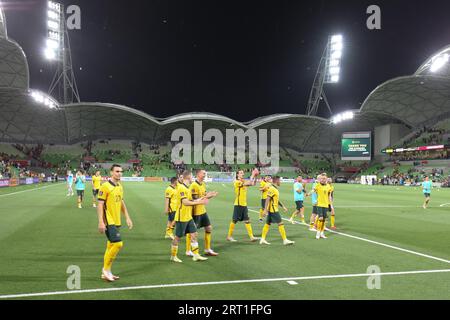 MELBOURNE, AUSTRALIE, 27 JANVIER : les Socceroos remercient la foule lors du match de qualification pour la coupe du monde Australie vs Vietnam au Melbourne Rectangular Stadium on Banque D'Images