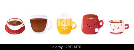 ensemble d'illustration vectorielle de boissons chaudes d'hiver. café, thé, vin chaud, lait de poule Illustration de Vecteur