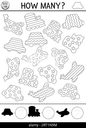 Comptage et reconnaissance de forme jeu noir et blanc avec transport mignon. Activité Math et Shadow Matching Line pour les enfants. Papier de transport imprimable Illustration de Vecteur