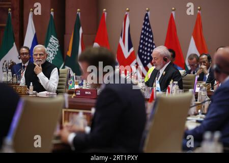 Le Président du Brésil, Luiz Inacio Lula da Silva, et le Premier ministre indien Narendra Modi assistent à la session finale du Sommet du G20 à New Delhi, en Inde. Date de la photo : dimanche 10 septembre 2023. Banque D'Images