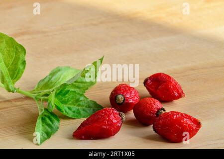 Les hanches de rose séchées et le basilic sur un fond en bois gros plan. Copier l'espace Banque D'Images