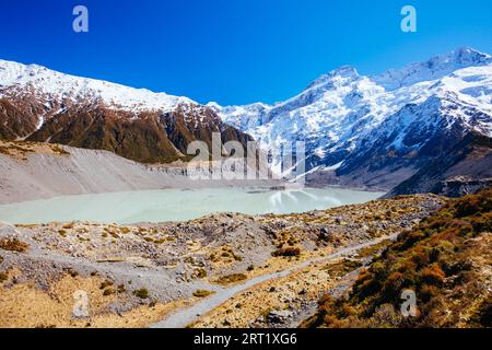 La demi-journée emblématique Hooker Valley Track randonnée au Mt Cook en Nouvelle Zélande Banque D'Images