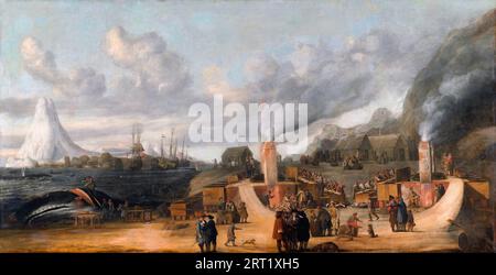 La raffinerie d'huile de baleine près du village de Smerenburg - Cornelis de Man, 1639 Banque D'Images