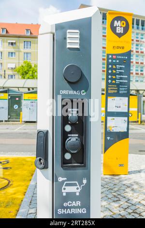 MOBI regroupe les options de mobilité urbaine et écologique des tramways, bus, vélos de location et voitures ainsi que les bornes de recharge pour voitures électriques Banque D'Images