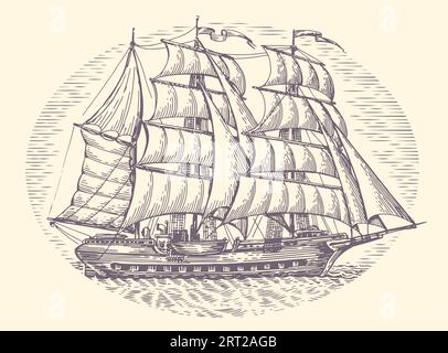 Bateau à voile vintage dans la mer dans le style de gravure. Vieux voilier avec voiles. Illustration vectorielle d'esquisse dessinée à la main Illustration de Vecteur