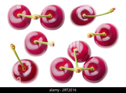 Collection de cerises douces vue de dessus isolé sur fond blanc Banque D'Images