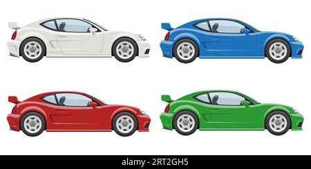 Illustration vectorielle de vue latérale de voiture de sport. Voitures isolées du profil en couleurs rouge, bleu, vert sur fond blanc Illustration de Vecteur