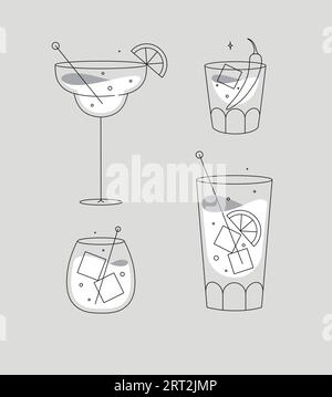 Verres à cocktail margarita whisky long Island dessin Old fashioned dans un style de ligne plate sur fond gris Illustration de Vecteur