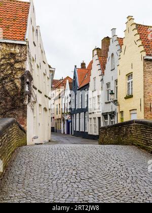 Une vue le long des rues de Bruges pendant la journée en hiver montrant le style des bâtiments. Il y a de l'espace pour le texte. Banque D'Images