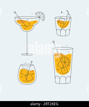 Verres à cocktail margarita whisky long Island dessin Old fashioned dans un style de ligne plate sur fond clair Illustration de Vecteur