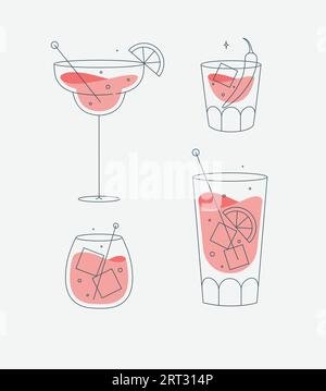 Verres à cocktail margarita whisky long Island dessin Old fashioned dans un style de ligne plate Illustration de Vecteur