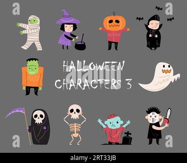 Personnages de dessins animés de style Doodle halloween. Gris isoler l'arrière-plan . Vecteur . Jeu 3 de 4 . Illustration de Vecteur