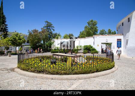 Ronda, Espagne, 31 mai 2019 : statue de taureau devant les arènes dans le centre historique de la ville Banque D'Images