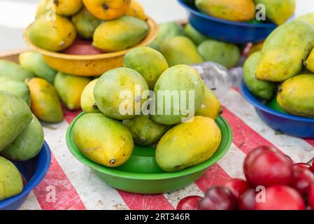 Panier de mangues et de prunes empilées au marché de rue. Mise au point sélective Banque D'Images