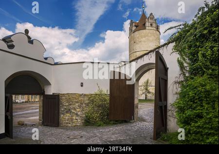 Le château de Bernburg est un château Renaissance situé à Bernburg an der Saale. Il s'élève sur de hautes falaises de grès au-dessus de la rive orientale de la Saale, sur le site Banque D'Images