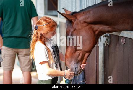 Whitchurch, Shropshire, Royaume-Uni. 10 septembre 2023. Scènes de la journée portes ouvertes de Sam Allwood Racing, dans le cadre des célébrations de la semaine nationale des chevaux de course. Crédit : JTW Equine Images/Alamy Live News Banque D'Images