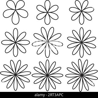 Ensemble de petites fleurs avec des illustrations botaniques vectorielles de contour noir. Une collection inspirée Flores (fleurs), sticker dessin animé, design pour tatouage Illustration de Vecteur