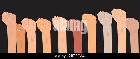 main avec le poing levé. Ouvrez l'illustration vectorielle mains haute. Avec différentes couleurs de peau tenant les poings vers les mains. Illustration vectorielle Illustration de Vecteur
