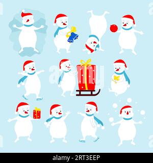 Ensemble de bonhommes de neige dans différentes figures et poses. Les personnages d'hiver font un ange des neiges, patinent, apportent des cadeaux. Illustration de Vecteur