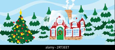 Paysage matinal devant une maison décorée pour Noël. Il y a un sapin de Noël devant le bâtiment. Ambiance de paix et de confort. Illustration de Vecteur