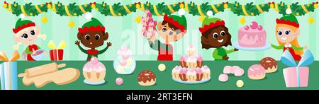 Les elfes mignons préparent des bonbons avant les vacances dans la chambre ou dans la cuisine. Au premier plan se trouve une table et il y a des cupcakes et des muffins, des bonbons Illustration de Vecteur