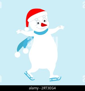 Le bonhomme de neige patine, il est joyeux et mignon. Personnage d'hiver de vecteur de dessin animé. Image pour cartes de Noël, boules de Noël et décoration de vacances. Illustration de Vecteur