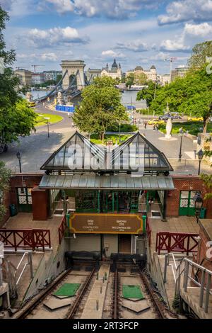 Le funiculaire du château de Buda avec le Danube et Budapest en arrière-plan, Hongrie Banque D'Images