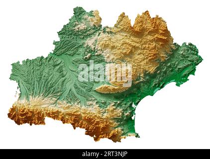 Occitanie. Une région de France. Rendu 3D détaillé d'une carte en relief ombré, rivières, lacs. Coloré par l'altitude. Fond blanc pur. Banque D'Images