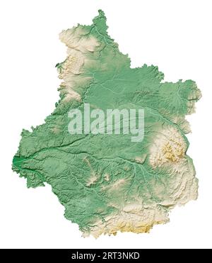 Centre-Val de Loire. Une région de France. Rendu 3D détaillé d'une carte en relief ombré, rivières, lacs. Coloré par l'altitude. Fond blanc pur. Banque D'Images