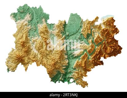 Auvergne-Rhône-Alpes. Une région de France. Rendu 3D détaillé d'une carte en relief ombré, rivières, lacs. Coloré par l'altitude. Fond blanc pur. Banque D'Images