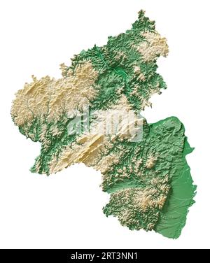 Rheinland-Pfalz. État allemand (Land). Rendu 3D détaillé d'une carte en relief ombré, rivières, lacs. Coloré par l'altitude. Fond blanc pur. Banque D'Images